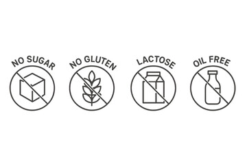 Line vector icons indicating dietary restrictions such as no sugar, no gluten, lactose-free, and oil-free