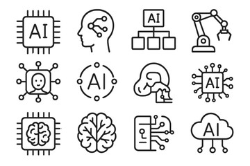 Line vector icons representing artificial intelligence concepts including brains, chips, and automation technology