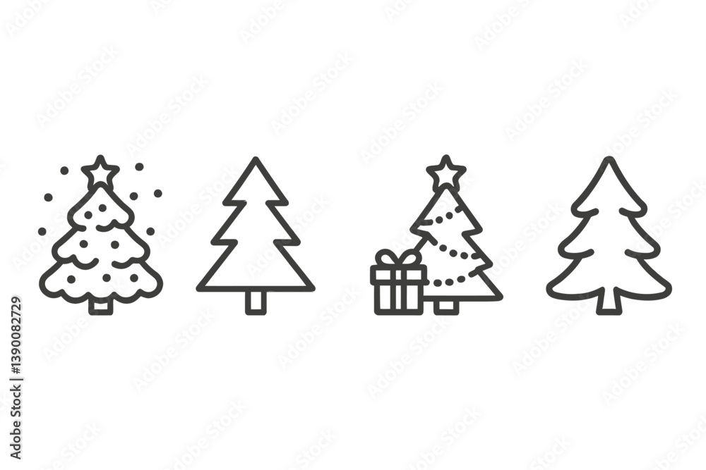 Poster collection of line vector icons depicting christmas trees and festive decorations suitable for seaso