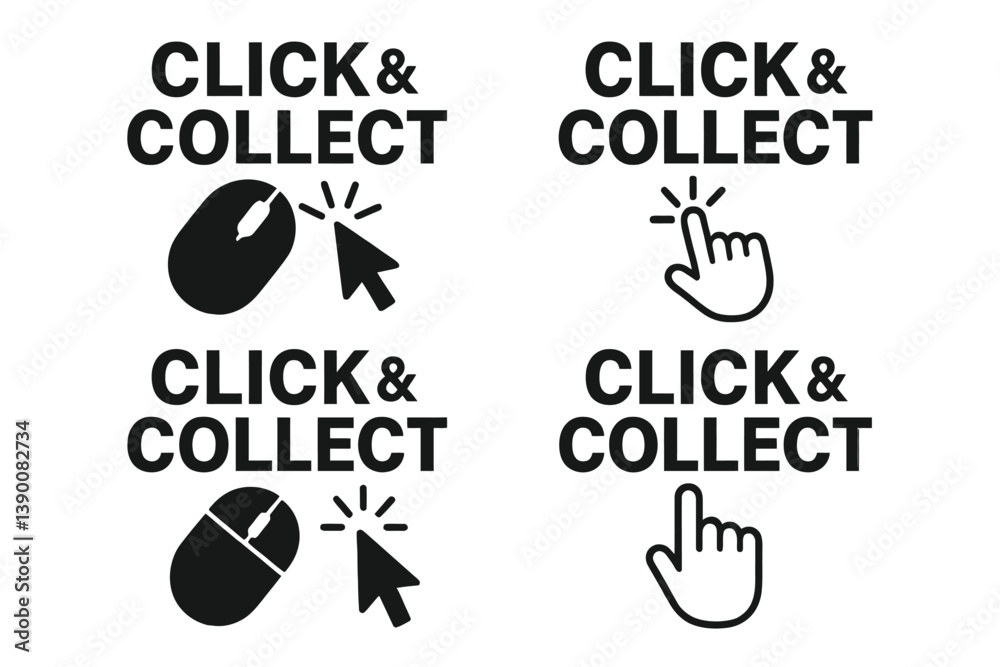 Aufkleber click and collect service icon set featuring mouse and hand symbols for online shopping convenience