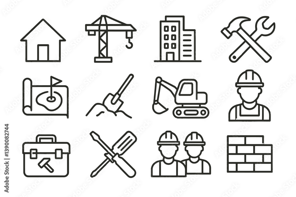 Poster Construction and renovation line vector icons depicting various building activities and tools in a simple design