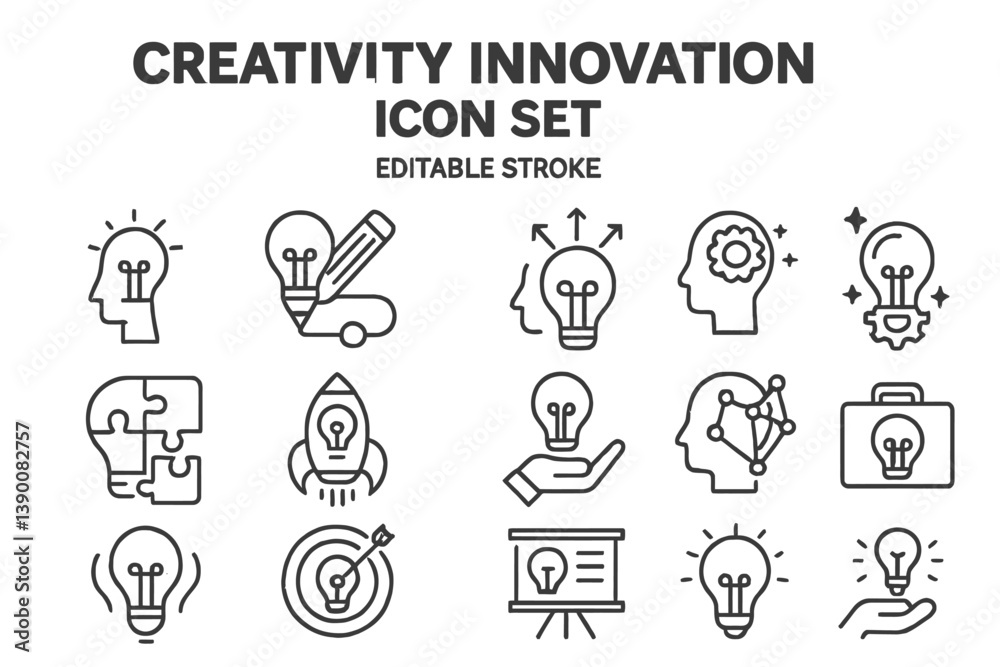 Poster Creative innovation icons representing diverse concepts of inspiration and ideas in vector art style for design projects