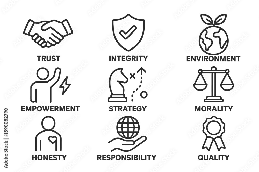 Poster line vector icons representing trust, integrity, empowerment, and environmental values in a modern b