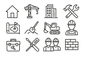 Construction and renovation line vector icons depicting various building activities and tools in a simple design