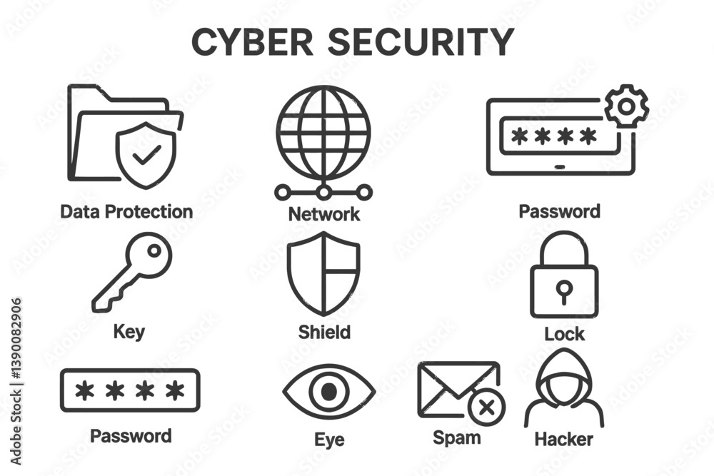 Poster Vector icons representing essential concepts in cyber security including data protection, network safety, and password security