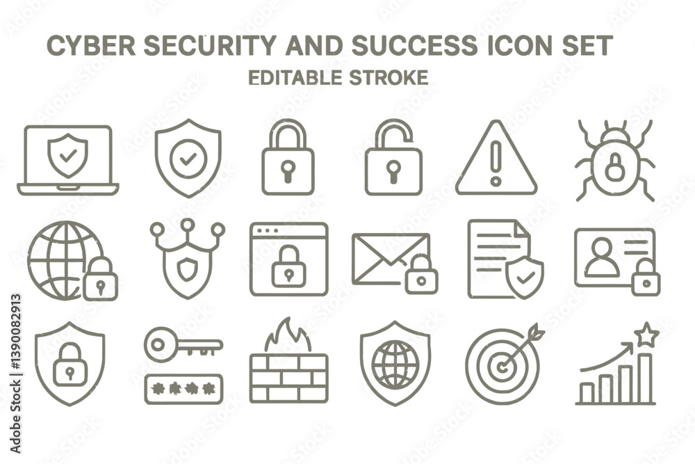Poster cyber security and success icon set featuring various symbols for protection, data safety, and techn