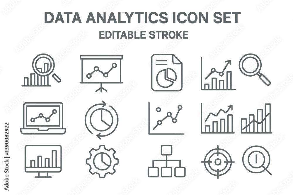 Poster Comprehensive data analytics icon set featuring various symbols representing charts, graphs, and analysis tools