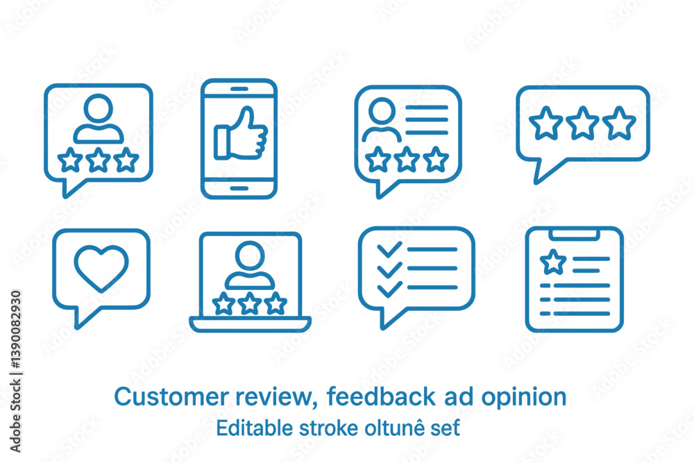 Poster customer review and feedback icon set showcasing various ratings and opinions in a vector style
