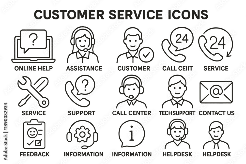 Poster Collection of customer service vector icons illustrating various support and assistance functions