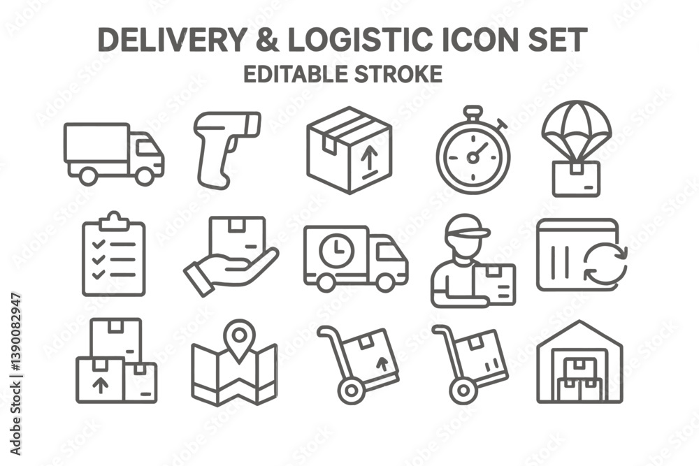 Poster Delivery and logistic line vector icons set showcasing vehicles, tools, and packaging elements used in shipping and transportation