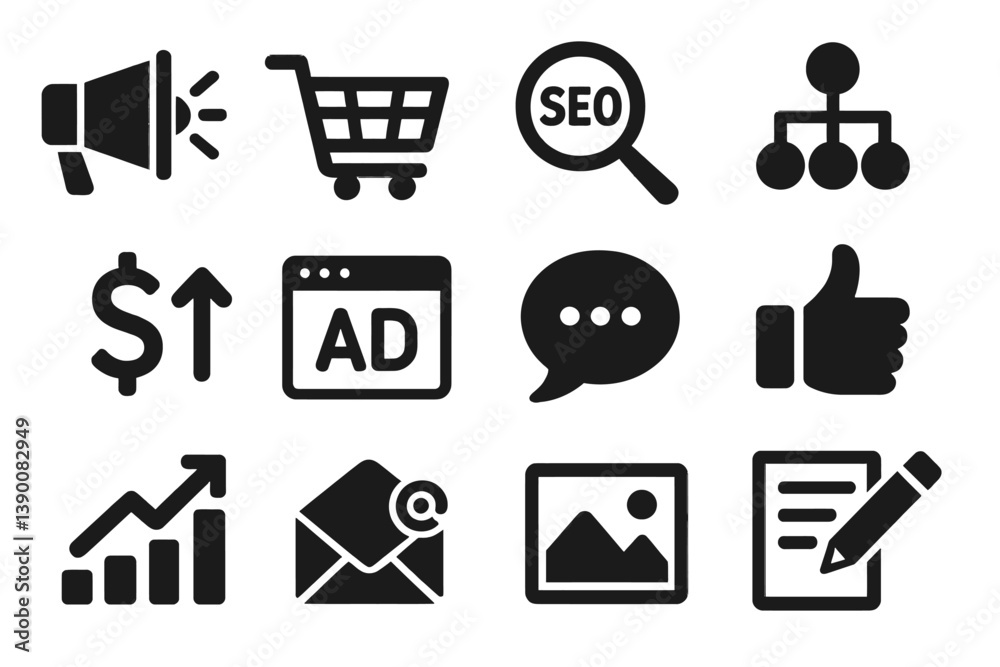 Poster vector icons representing marketing concepts including advertising, social media, and analytics used