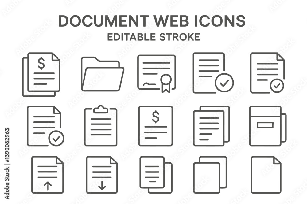 Fototapete Document web icons including folders, files, and checklists displayed in a line vector style suitable for various digital applications