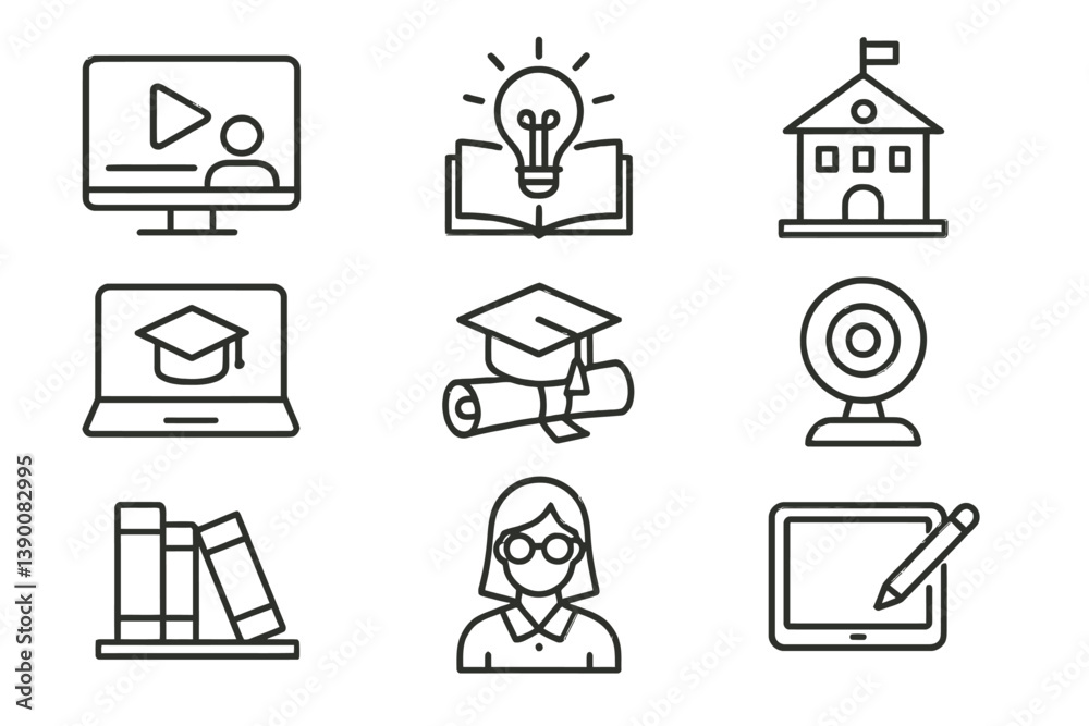 Aufkleber vector icons representing various aspects of online education, digital learning tools, and academic 