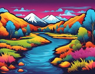 colorful river with cool isolated pop art style background