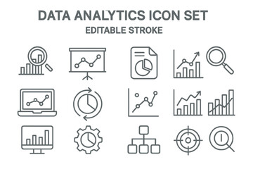 Fototapeta premium Comprehensive data analytics icon set featuring various symbols representing charts, graphs, and analysis tools