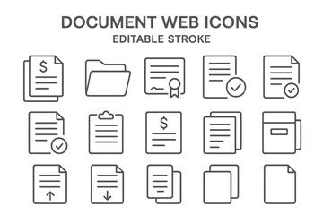 Document web icons including folders, files, and checklists displayed in a line vector style suitable for various digital applications