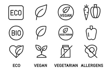Various line vector icons representing eco-friendly, vegan, and vegetarian themes in a clean design suitable for food-related contexts
