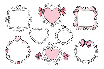 Whimsical Coquette Doodle Frames with Hearts, Bows & Ribbons &ndash; Hand Drawn Vintage Borders