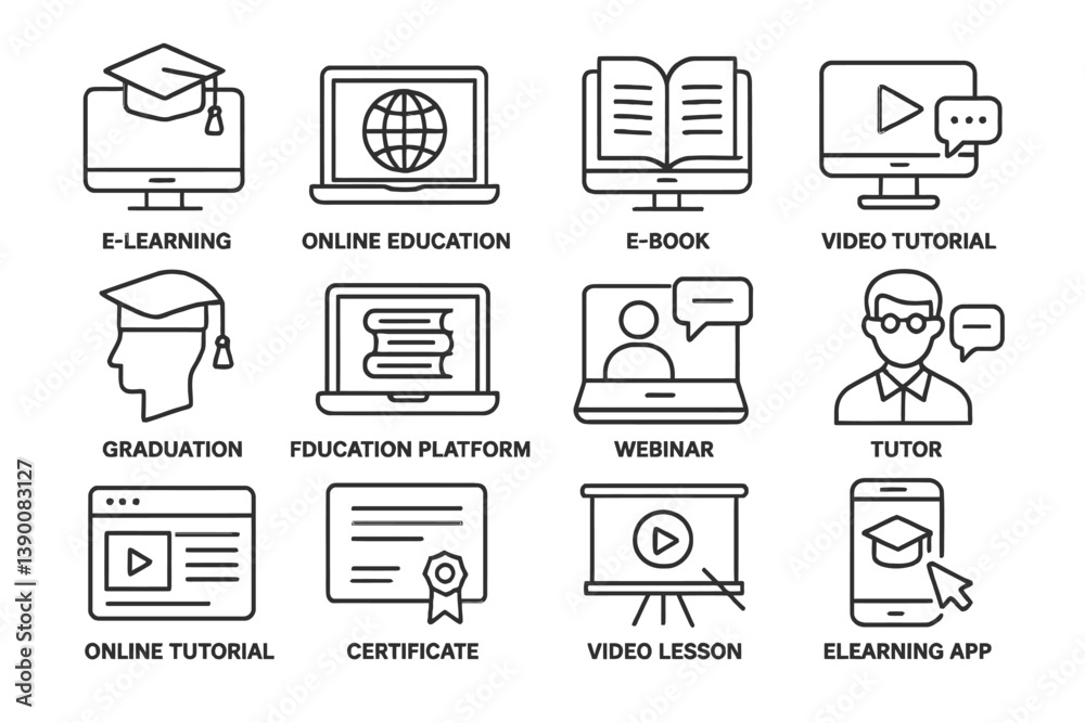 Poster Collection of line vector icons representing online education and e-learning tools for modern learning environments