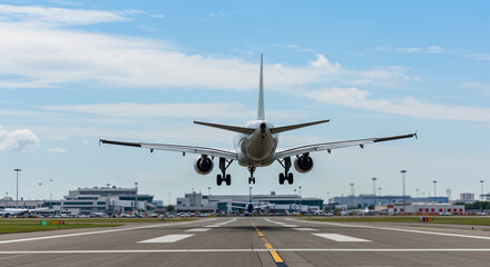 A passenger jet gracefully descends for landing, touching down on the runway amidst a bright, sunny day, showcasing the thrill of air travel under a vast blue sky.