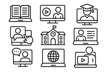 Educational technology icons representing online learning, classrooms, and interactive sessions for modern education solutions