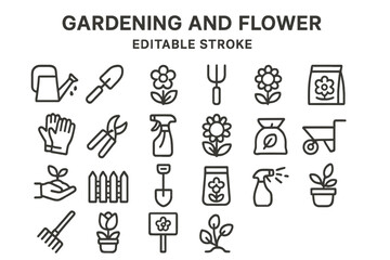 Fototapeta premium Gardening and flower icon collection featuring tools, plants, and essential gardening activities in clean line vector design