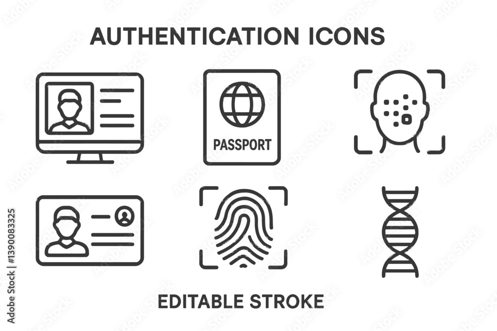 Poster Set of line vector icons representing various authentication methods including passport, face recognition, and fingerprint