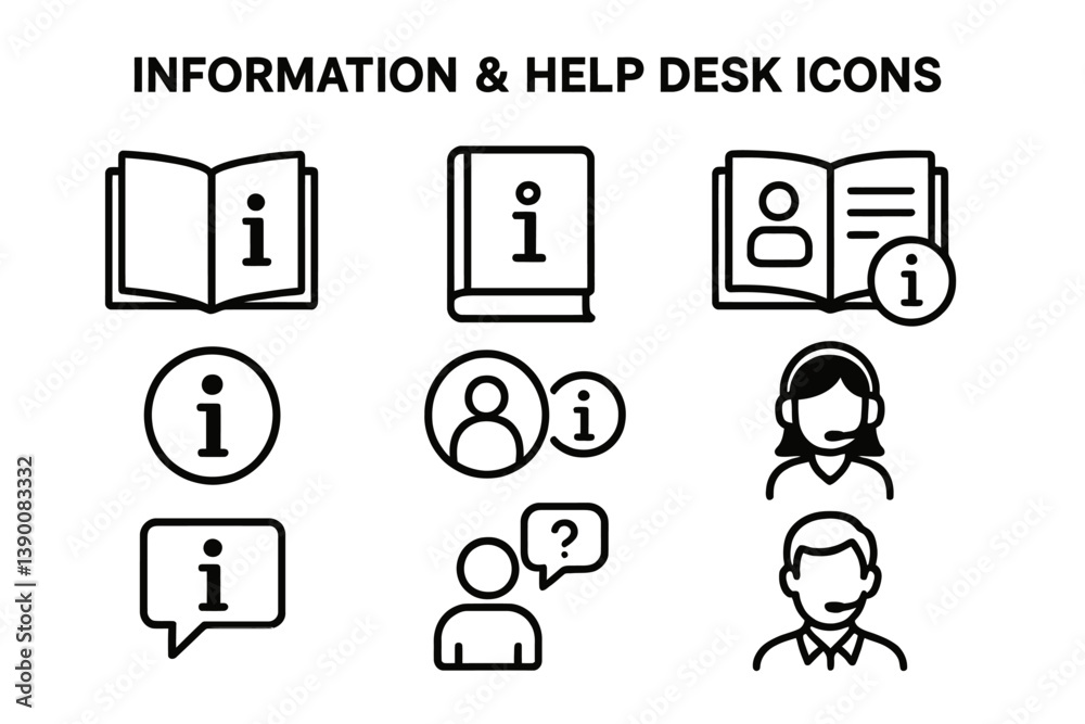 Leinwandbilder Information and help desk icons depicting various support and assistance scenarios for users in a minimalist line vector style
