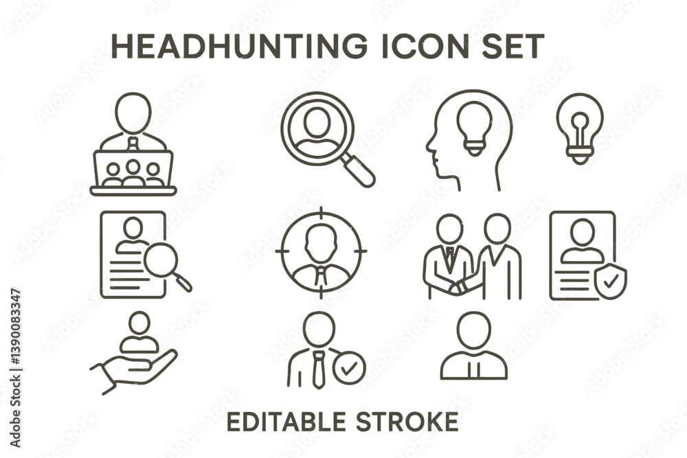Poster headhunting icon set featuring various symbols related to recruitment, interviews, and job searching