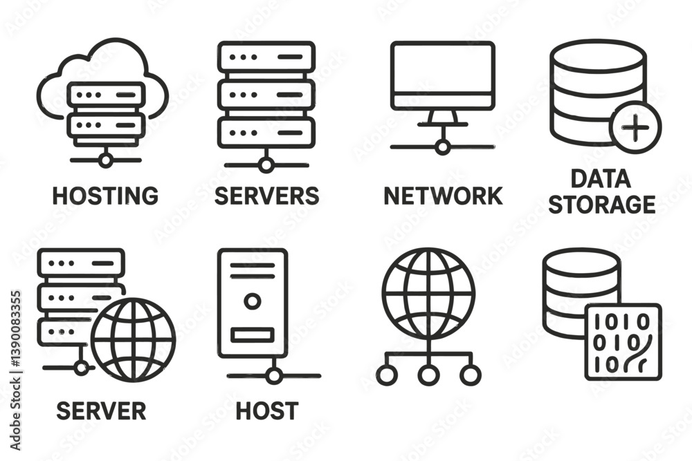 Poster Vector icons depicting hosting, server, network, and data storage concepts for technology and information systems