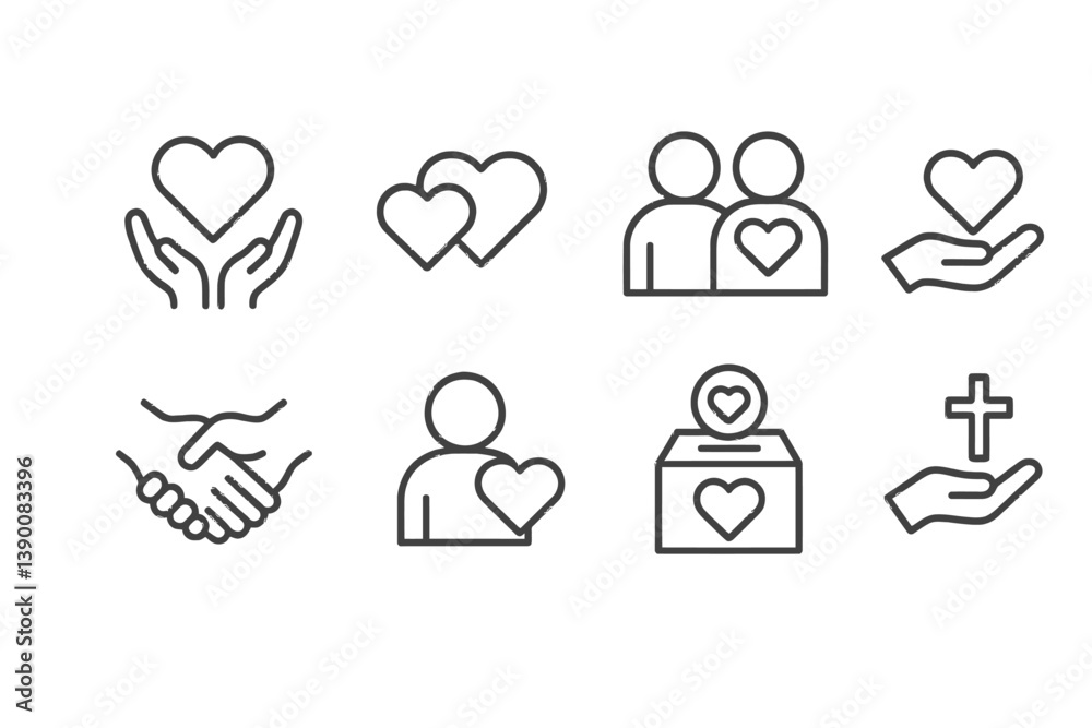 Poster heart symbols and connections represented through line vector icons for compassion, community, and c