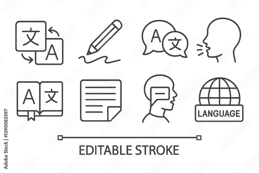 Poster Line vector icon collection depicting language and translation concepts in a minimalistic design for educational purposes