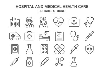 Collection of hospital and medical health care line vector icons for health-related applications and designs