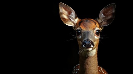 Close-Up Portrait of a Young Deer with Bright Eyes and Detailed Features Against a Dark Background