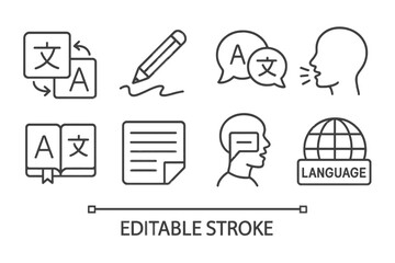 Line vector icon collection depicting language and translation concepts in a minimalistic design for educational purposes