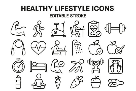 Healthy lifestyle vector icons featuring fitness, exercise, nutrition, and wellness activities designed for various uses