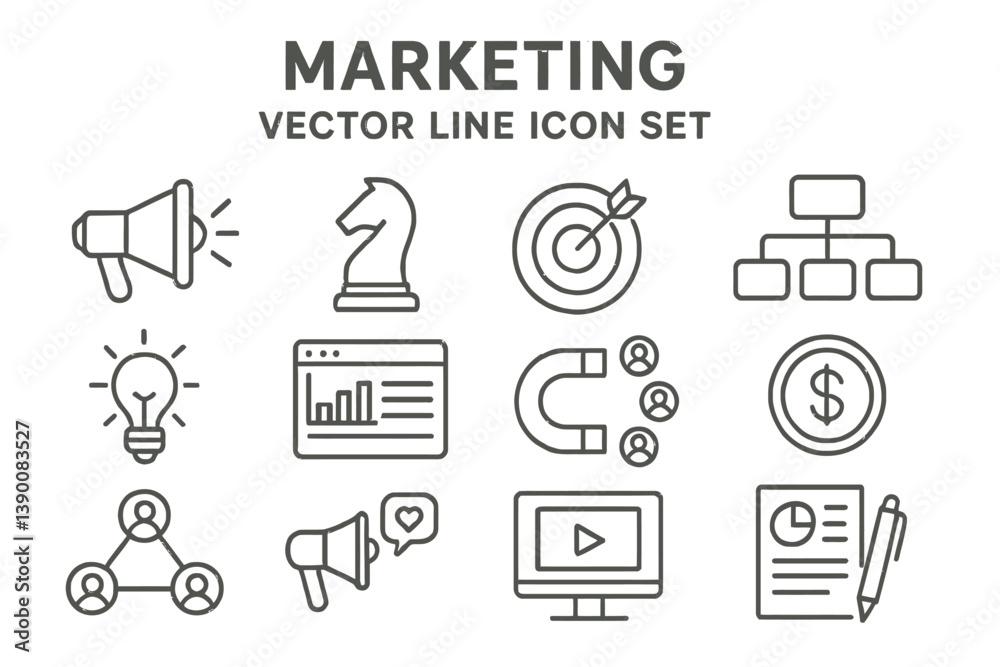 Poster Marketing vector line icon set showcasing various symbols related to advertising, strategy, and data analysis in a minimalistic style