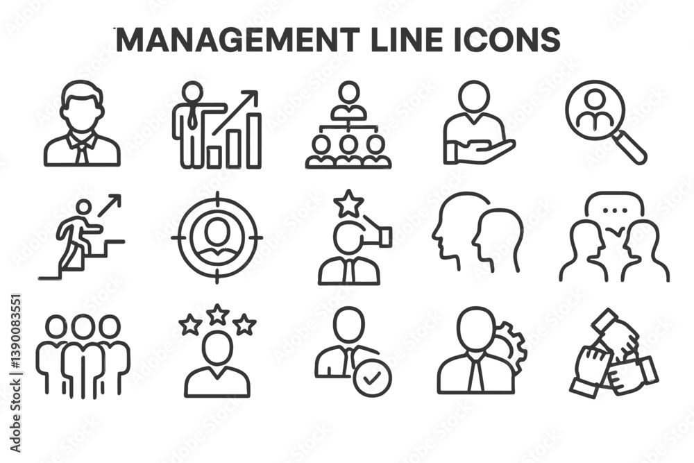 Poster vector icons showcasing various management concepts, activities, and roles in a professional setting