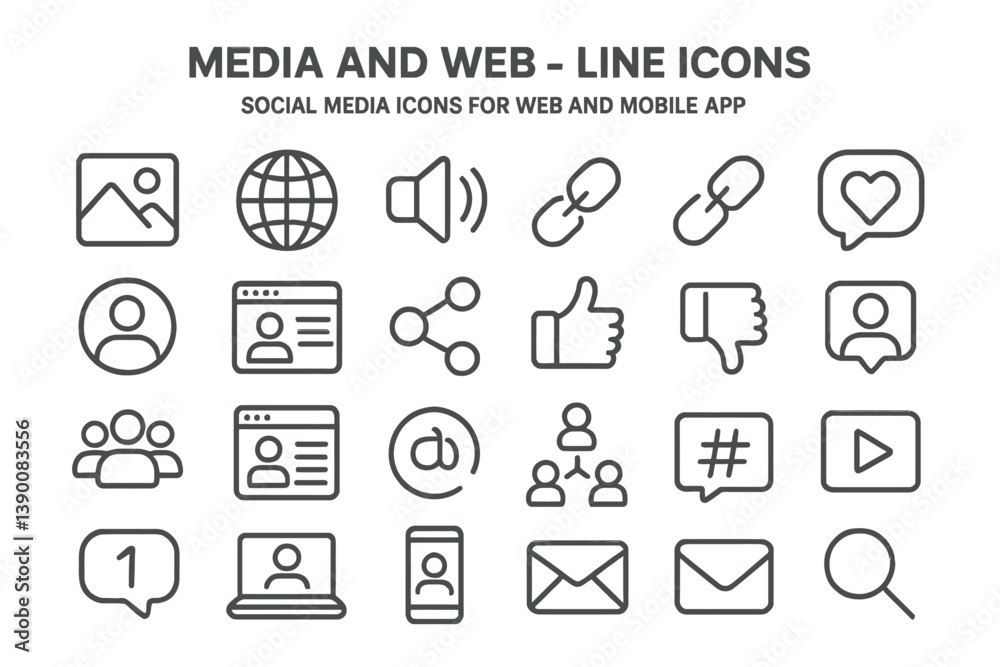 Poster Social media line vector icons set for web and mobile applications showcasing various communication elements