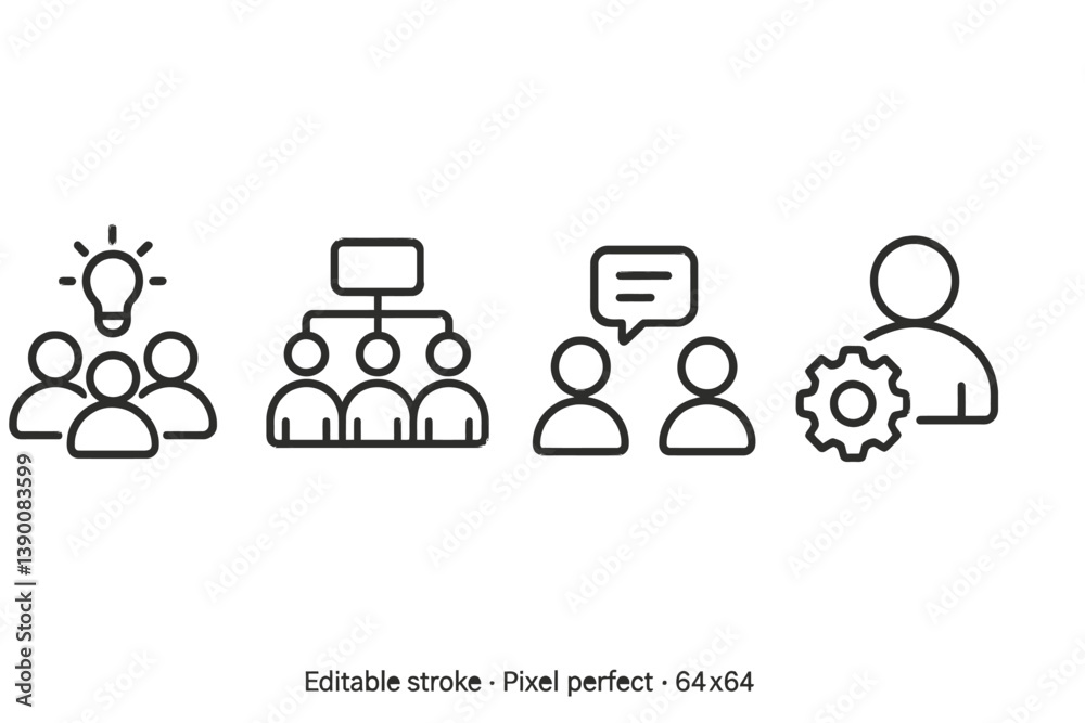 Poster vector icons depicting collaboration, brainstorming, communication, and management in a professional