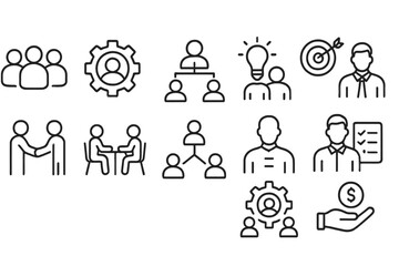 Vector icon set illustrating teamwork, collaboration, and project management concepts in a modern style