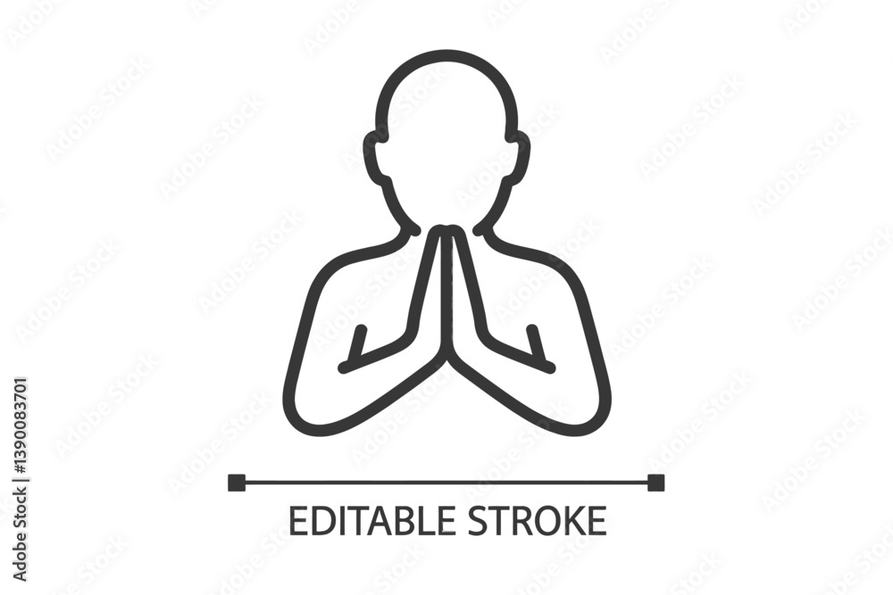 Poster line vector icon depicting a person in a prayer pose demonstrating tranquility and mindfulness suita