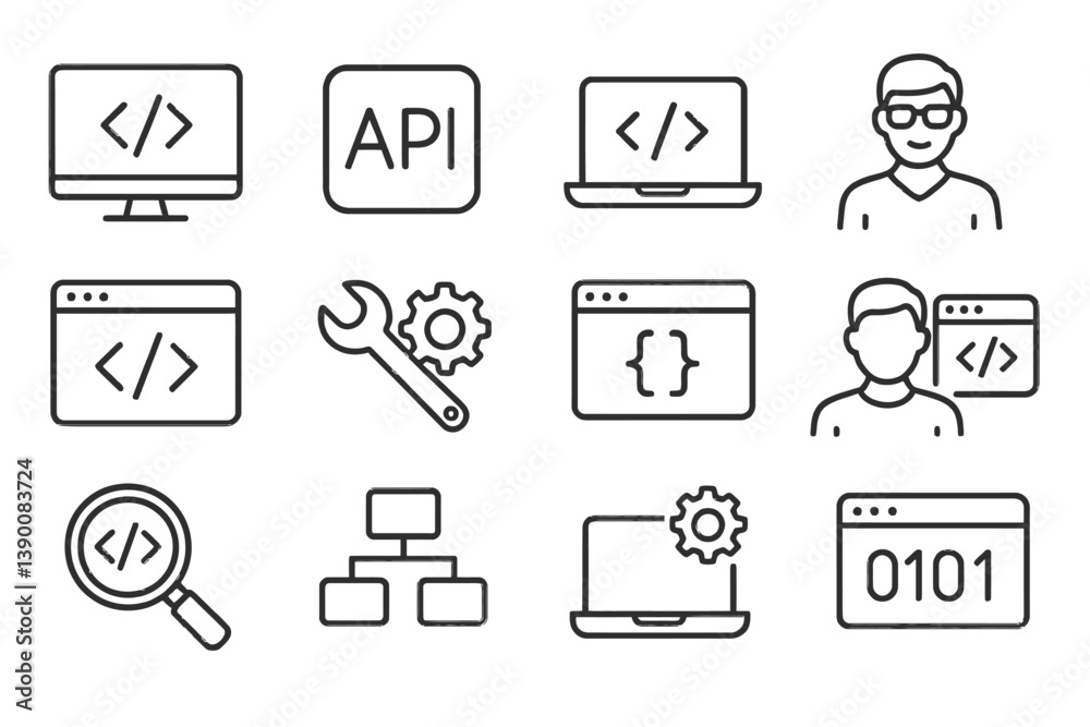 Aufkleber Vector icons representing coding, software development, and technology tools in a structured layout