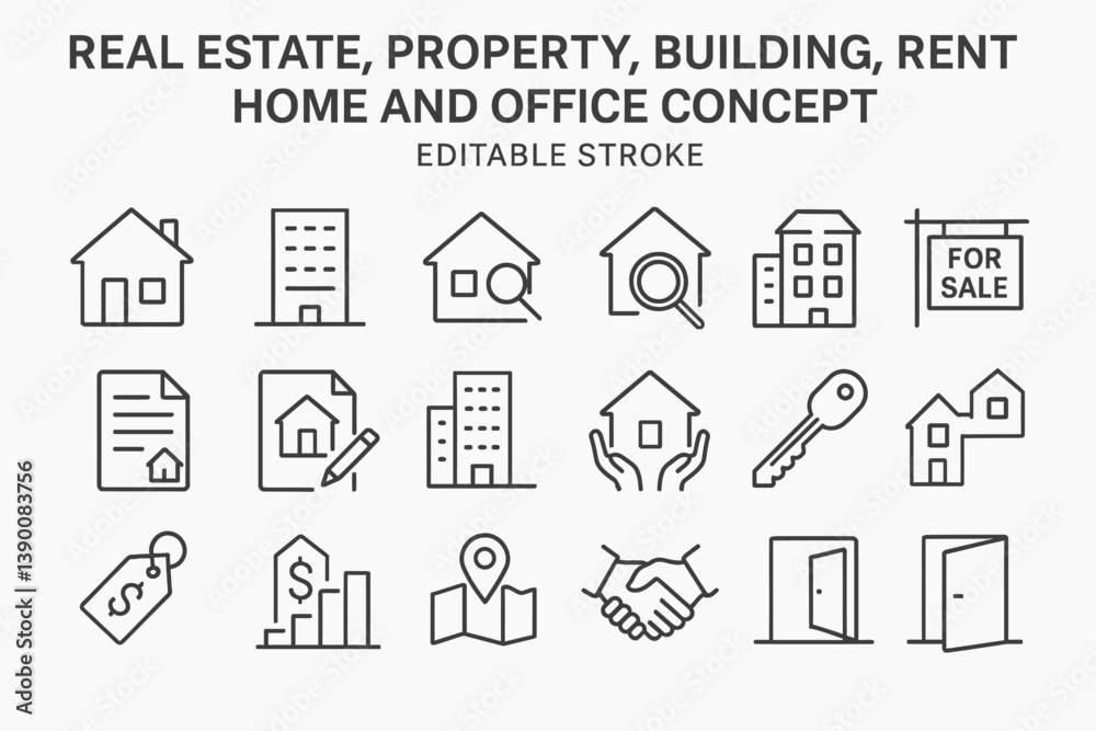 Poster real estate icons depicting various aspects of property, buildings, and renting in a simplified line