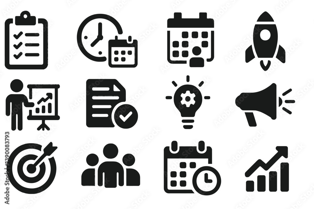 Poster icons representing project management activities, tools, and concepts for effective teamwork and pla