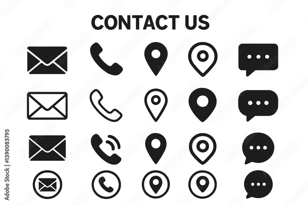 Poster Vector icons for communication tools showcasing contact methods and locations in a clean design