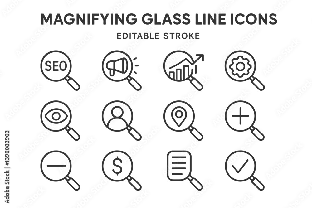 Poster Magnifying glass line vector icons depicting various concepts such as SEO, analytics, and user search in minimalist style
