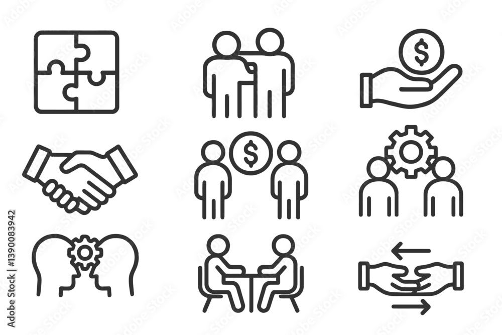 Poster Collaboration and teamwork vector icons illustrating business concepts and interactions in a professional setting