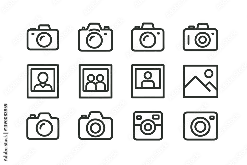Fototapete Line vector icons illustrating various camera designs and photo formats in a neat grid layout suitable for digital media