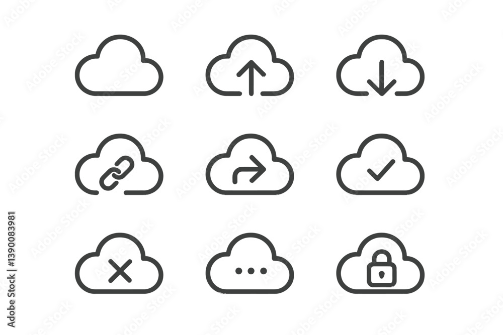 Poster cloud icons representing upload, download, and connectivity actions for digital services in a minima
